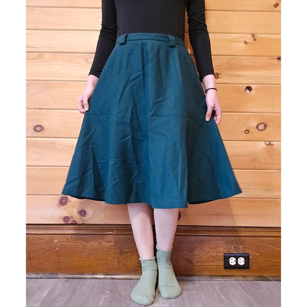 Women's Vintage 1980s Prestige Wool Green Flare Midi Skirt Small